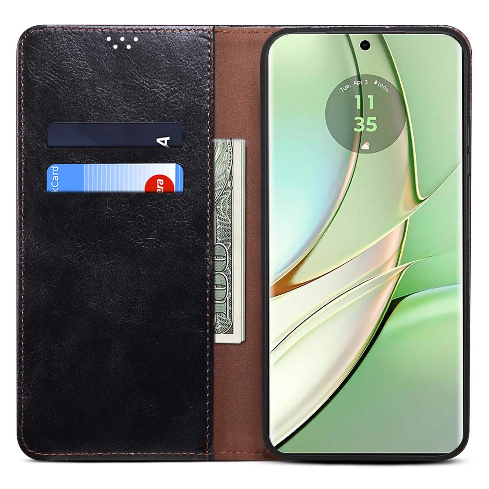 

For Motorola Edge 40 5G Case Waxy Crazy Horse Texture Leather Wallet Cover Black