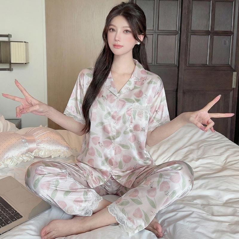 Sweet Wind Flower Ice Silk Women'S Thin Short-Sleeved Pajamas Lapel Trousers Set Cool Loungewear