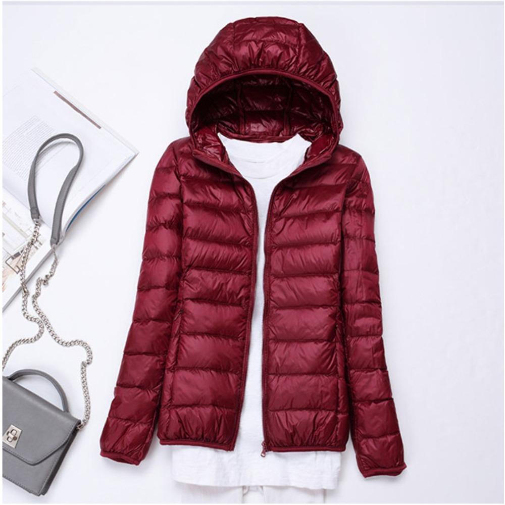 Women's Hooded Long Sleeve Puffer Jacket Slim Fit Lightweight White Duck Down Winter Coat