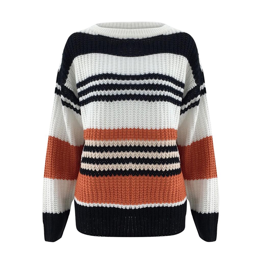 Women's Long Sleeve  Striped Color Block Casual Loose Knitted Pullover