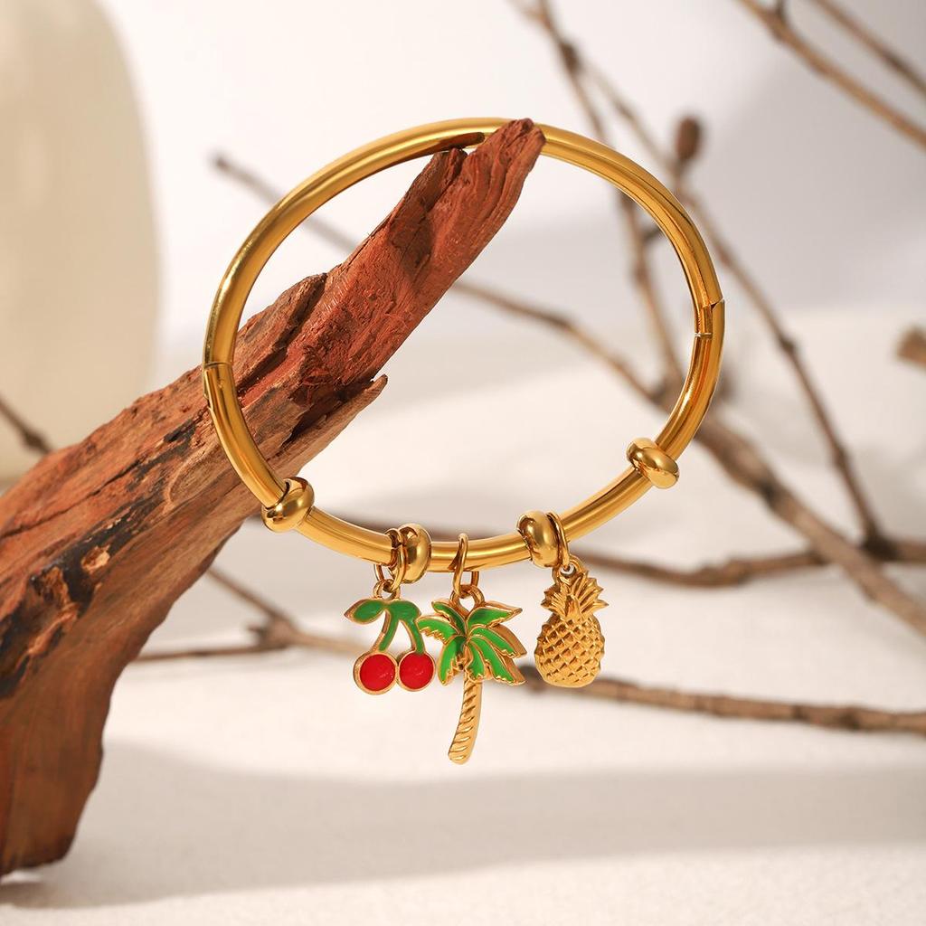 18K Gold Stainless Steel Pineapple Cherry Pendant Bracelet - Non-Fading Titanium Steel DIY Jewelry