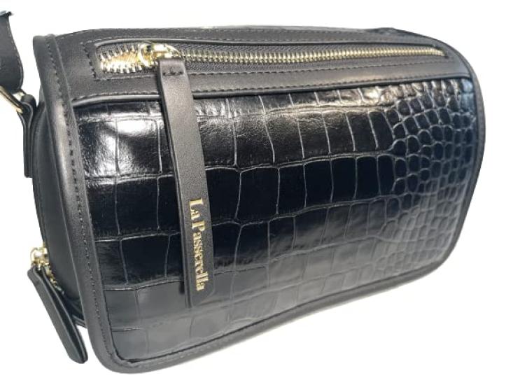 Italian Crocodile-Embossed Leather Shoulder Bag with Flap, LPR15 (Black), for Men and Women, Cowhide Leather, Travel Bag, Leisure Bag
