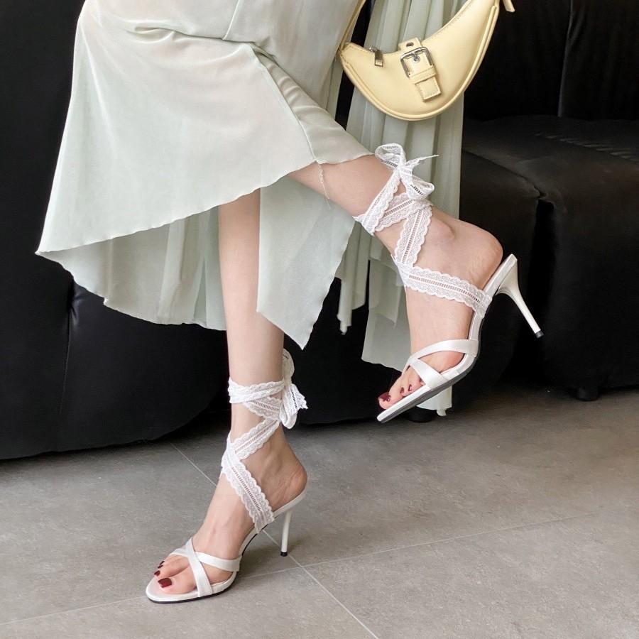 Pointed transparent high heels 2025 new women's summer thin heels rhinestone open-toed sandals patent leather sexy outer cool slippers
