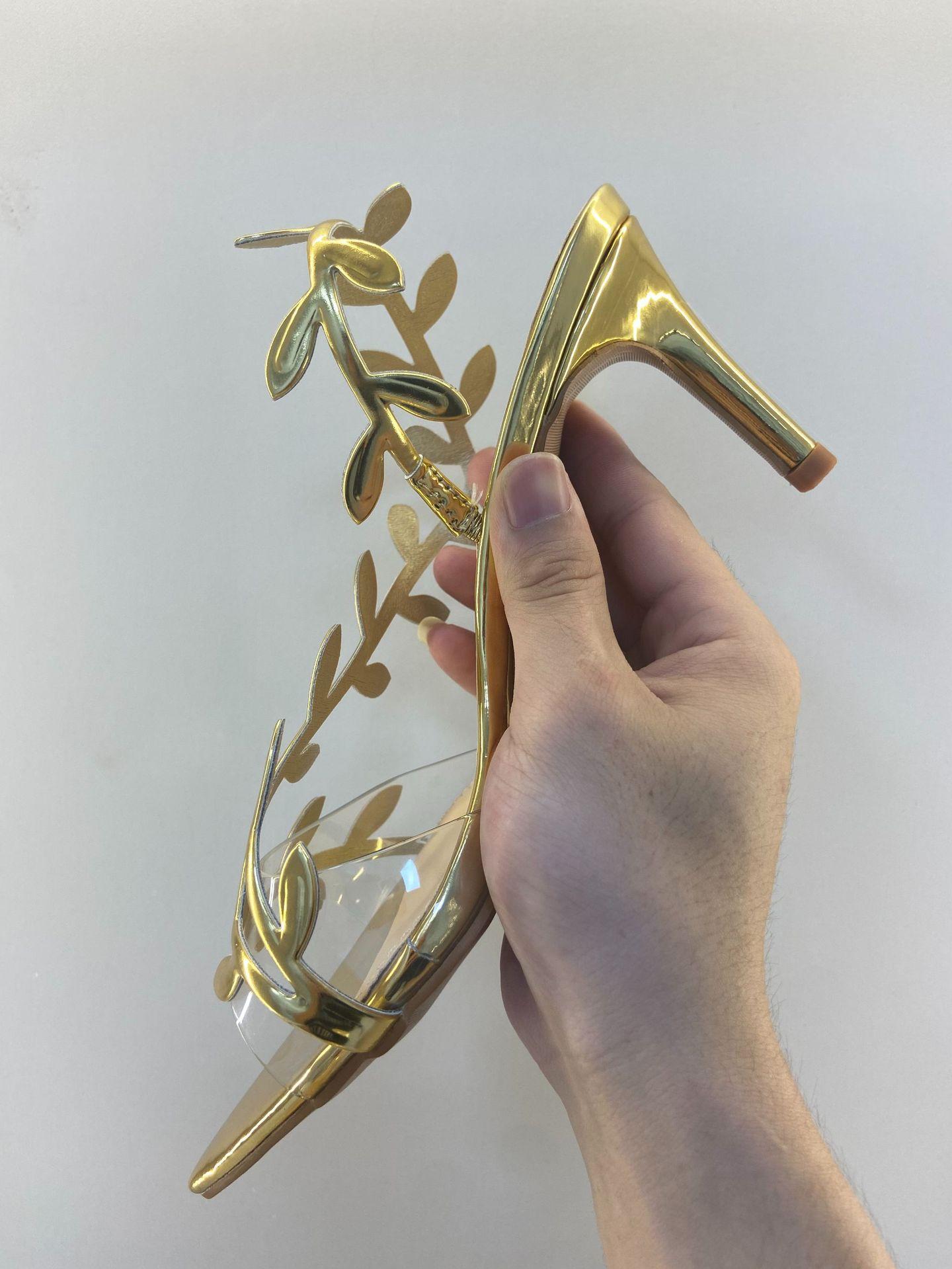 

Fashion 2025 New Women Pumps Summer Fashion Gold Sexy Ladies High Heels Thin Pointed Open Toe Sandals Mujer Metal Decoration Party Shoes 40