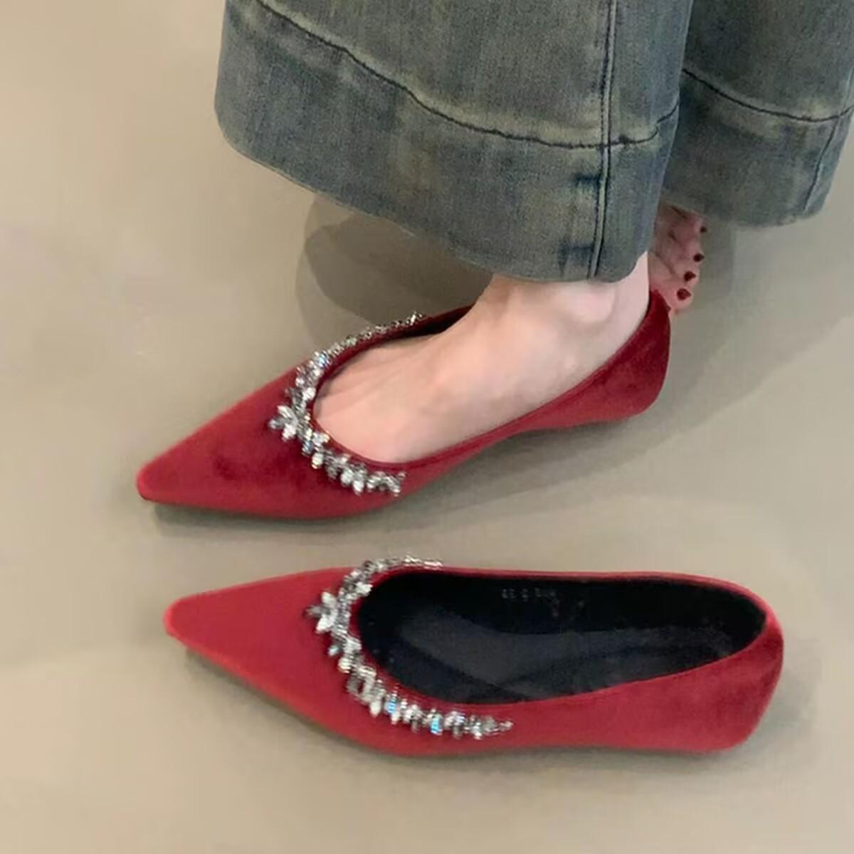

Мода 2025 Дизайнерские женские туфли Мэри Джейн на плоской подошве Модные туфли с кристаллами и острым носком Женские удобные туфли с мягкой подошвой для свадьбы и вечеринки 40 красный