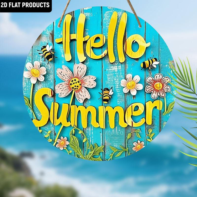 

Деревянная табличка Hello Summer с цветочным узором и пчелой, очаровательная круглая табличка для входной двери, настенный декор - идеальный подарок для лета и пляжного дома 1pc