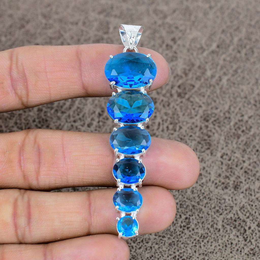 Blue Topaz Gemstone Handmade 925 Sterling Silver Jewelry Pendant 3.03" KKG-77