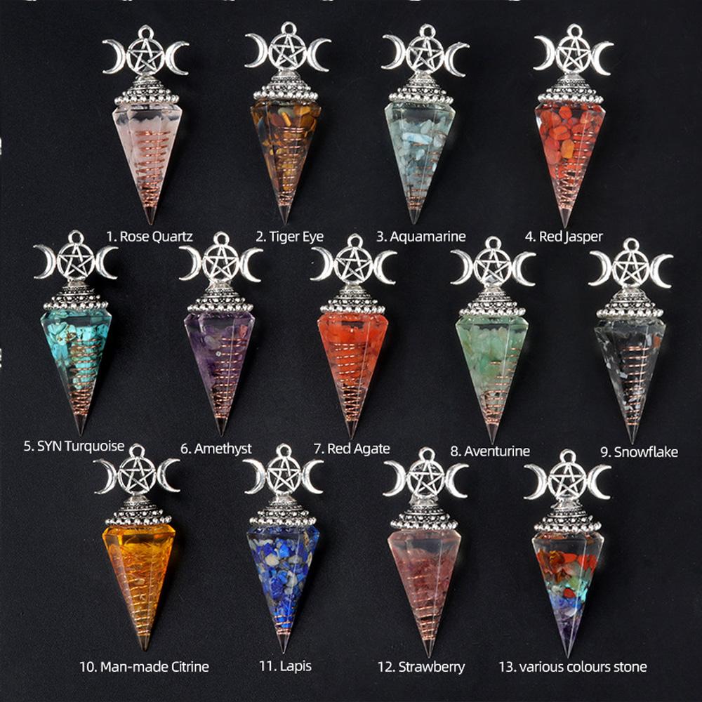 54x24mm Pedra Natural Cristal Reiki Pêndulo Três Fases Lua Hexagonal Cone Ametistas Encantos para Fazer Jóias Colar DIY