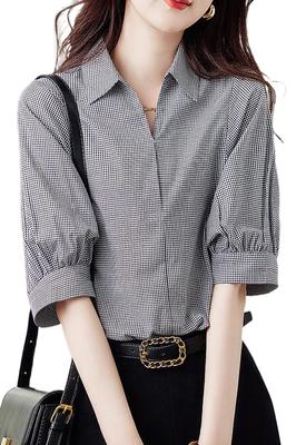 Summer Blouse for Short Checkered Loose Henley for Office for Casual [H. Zroy] Women, Shirt, Sleeve, Top, Pattern, Turn-down Collar, Fit, Slimming,