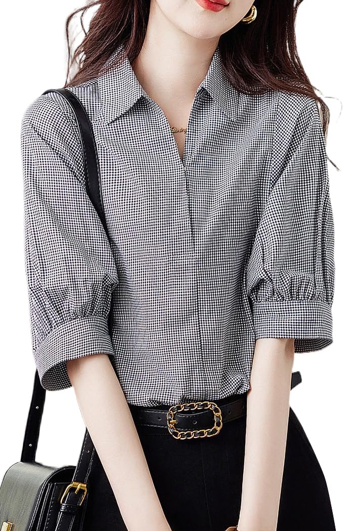 

Летняя блузка с коротким рукавом в клетку свободного кроя хенли для офиса для повседневной носки [H. zroy] женщины, рубашка, рукав, топ, узор, отложной воротник, посадка, стройнящий, чёрный