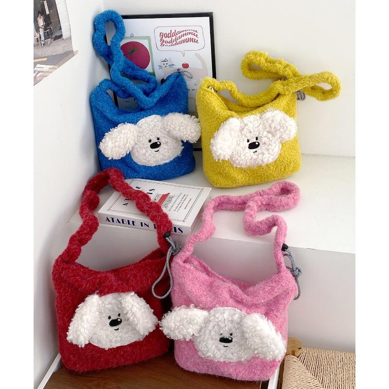 Cute plush puppy crossbody bucket bag autumn and winter girl's heart sweet lamb wool shoulder bag niche design female