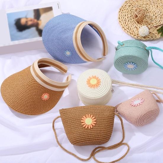 Children Shoulder Bag Straw Woven Flower Decor Pastoral Style Crossbody Bag Zipper
