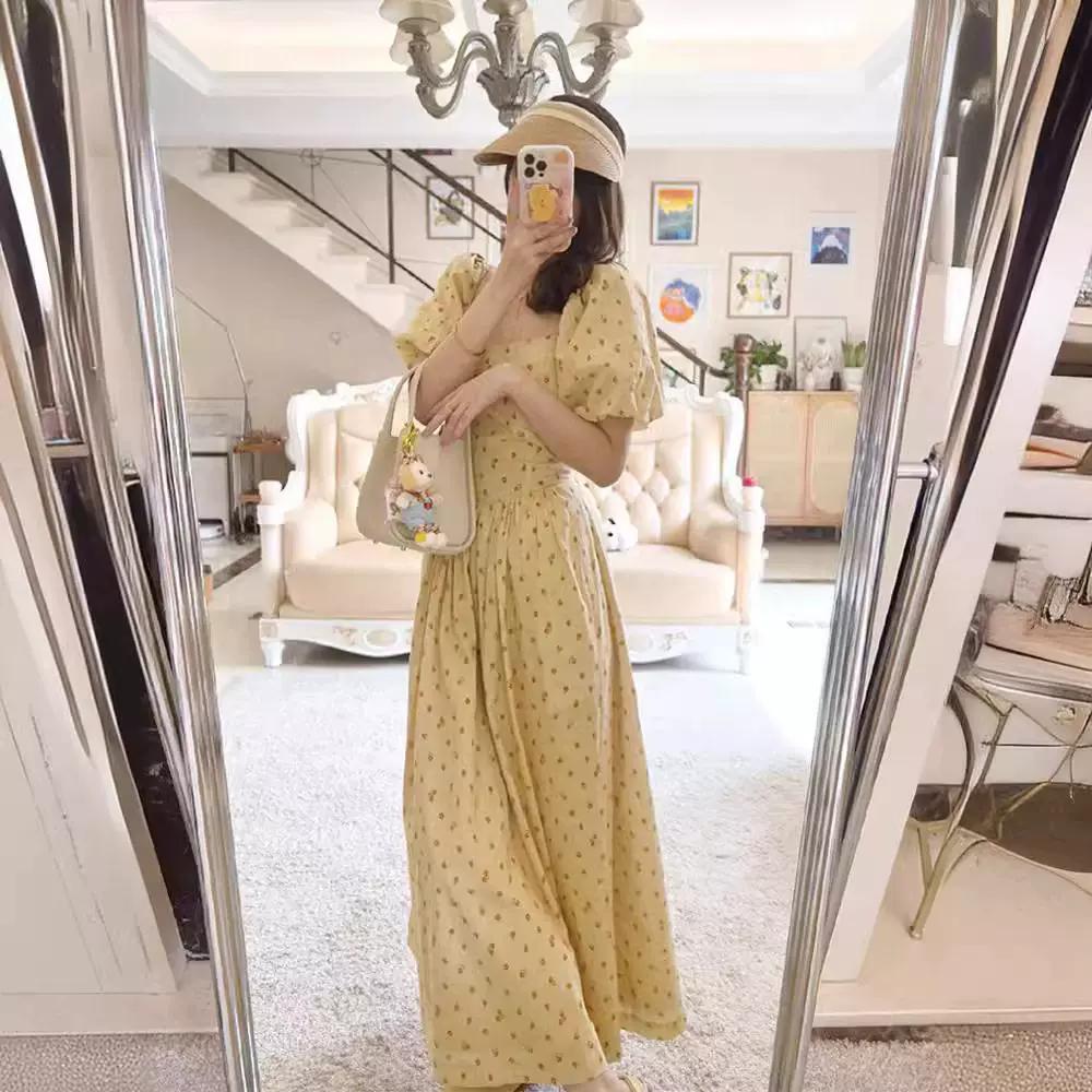 Summer New Style Tea Break French-Style Gentle Long Dress with a High-End Feel, Waist-Cinching Puff Sleeves, Yellow Floral Dress for Women