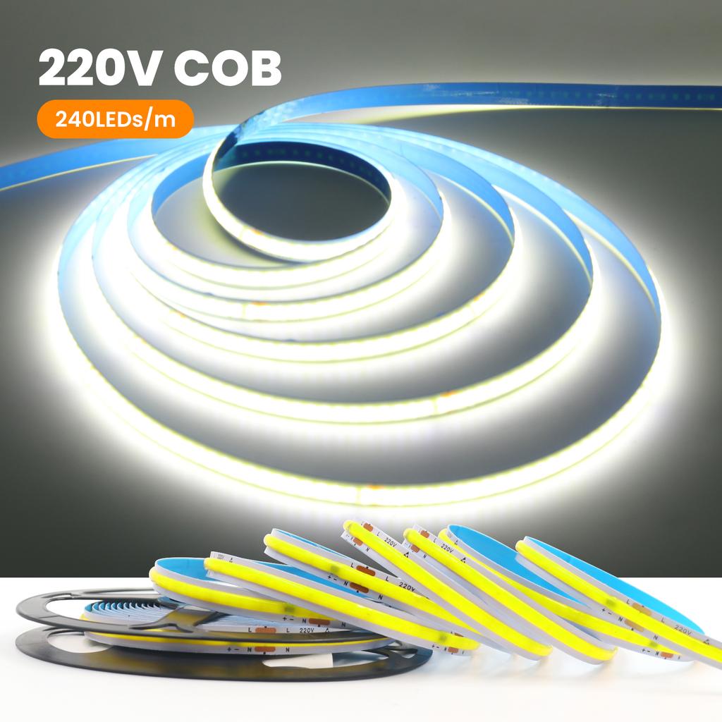 AC 220V COB Strip 240Leds/M 5M 10M 20M 50M/Roll Red/Green/I Blue/Pink/White/Purple Flexible Ribbon LED Light For Home Decor