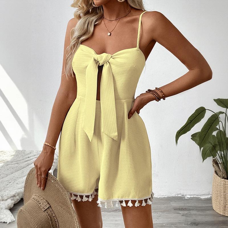 Women's New Sweet Simple Bow Halter Solid Colour Backless Jumpsuit