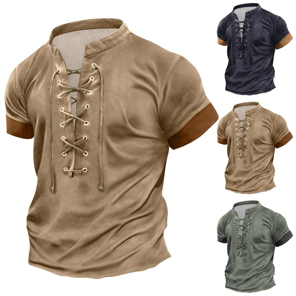 Men's Retro Tie Casual Color Matching Short Sleeved T-shirt