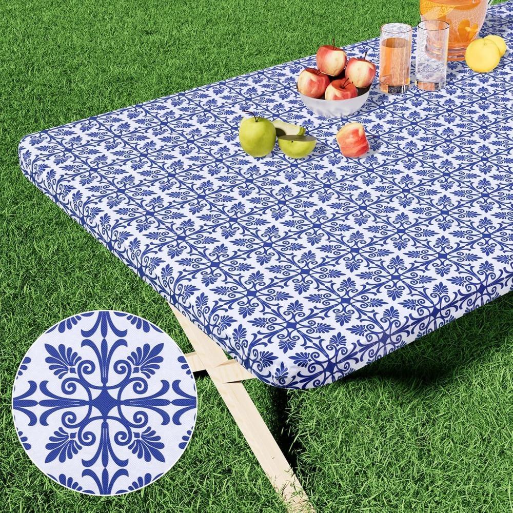Waterproof Baroque Print Elastic Fitted Tablecloth Rectangular Outdoor Fold Table Cover  Picnic