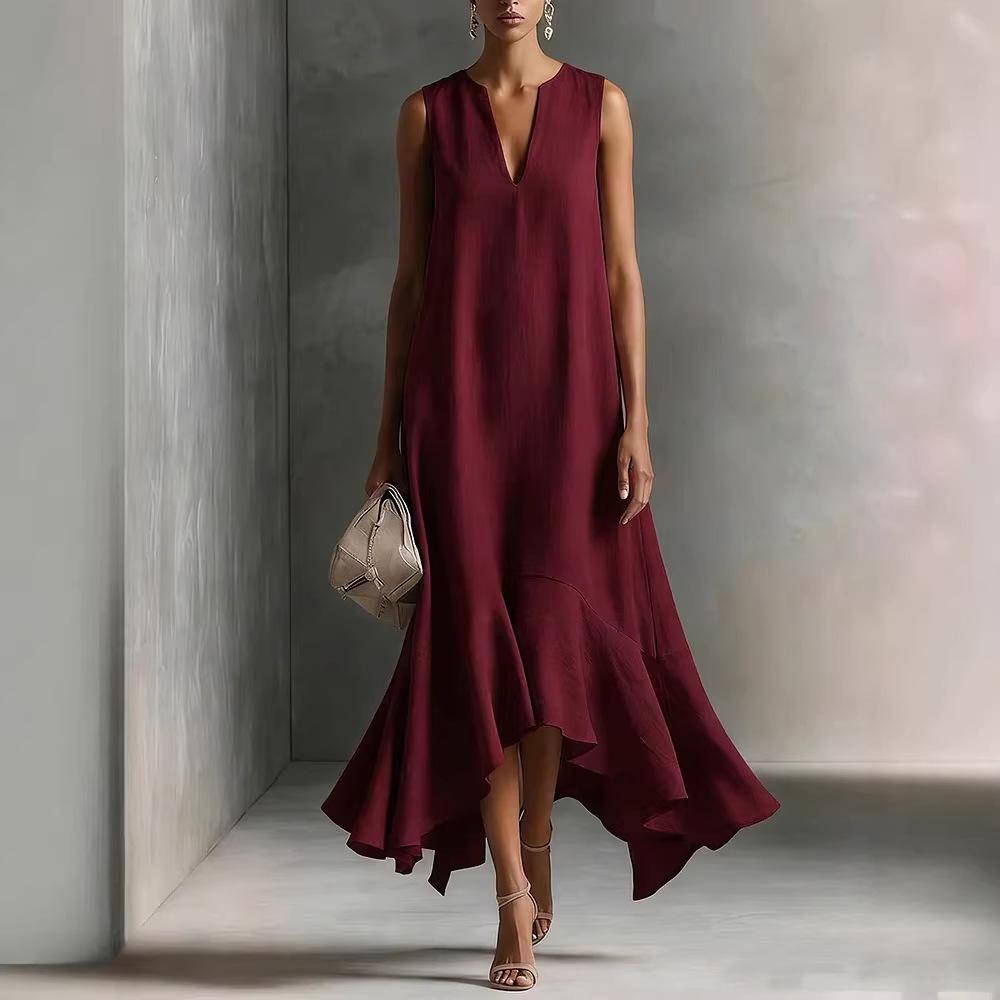 Women's V Neck Sleeveless Maxi Dress Loose Fit Casual Irregular Hem Linen Dress