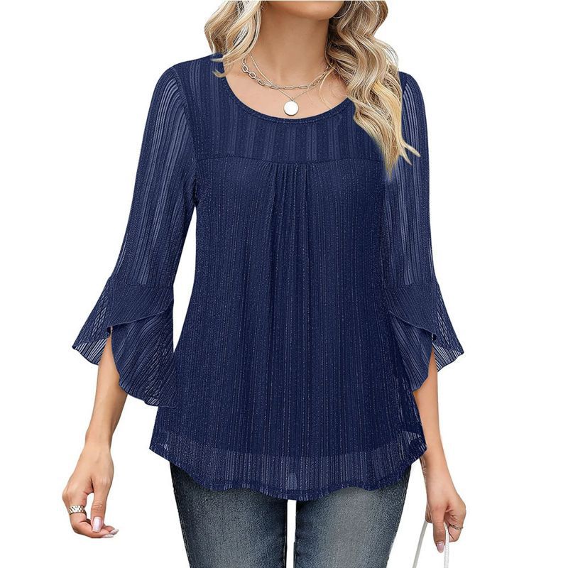 Women s Round Neck Ruffled Sleeve Mesh Top S
