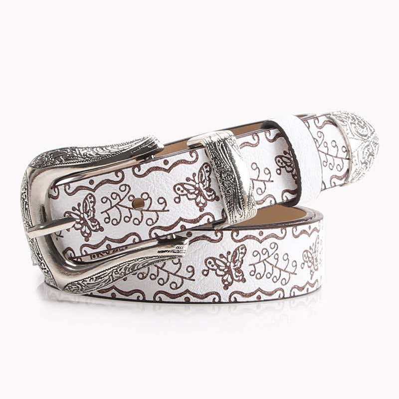 Western Style Embossed Leather Belt with Decorative Metal Buckle and Tip for Men and Women Casual and Formal Wear