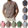 Men's Short-sleeved Casual Solid-color Button Shirt, Men's Lapel Cotton And Linen Pocket Top