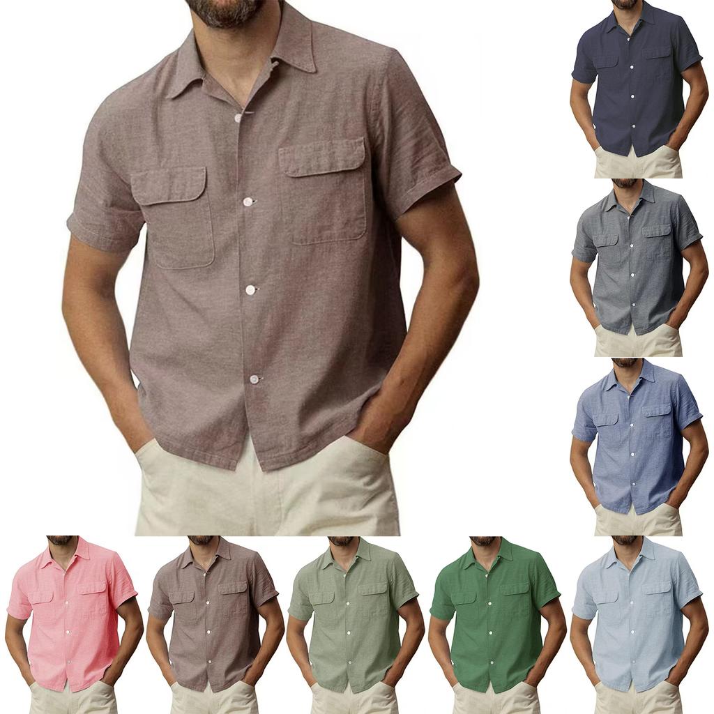 Camicia Casual da Uomo a Maniche Corte Monocolore con Bottoni, Top da Uomo in Cotone e Lino con Tasca e Revers
