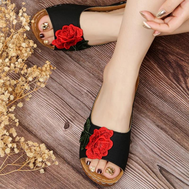 Female Shoes On Sale 2025 Open Toe Women's Slippers Outdoor Casual Slippers Women Bow Tie Floral Plus Size Wedges Ladies Sandals
