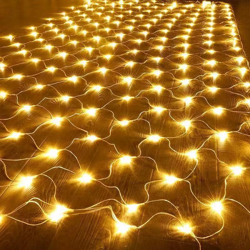 LED Solar Fishing Net Lights: Outdoor Waterproof Courtyard Christmas Decor with Starry Sky Effect 24V, solar-powered, remote control + USB charging теплый белый