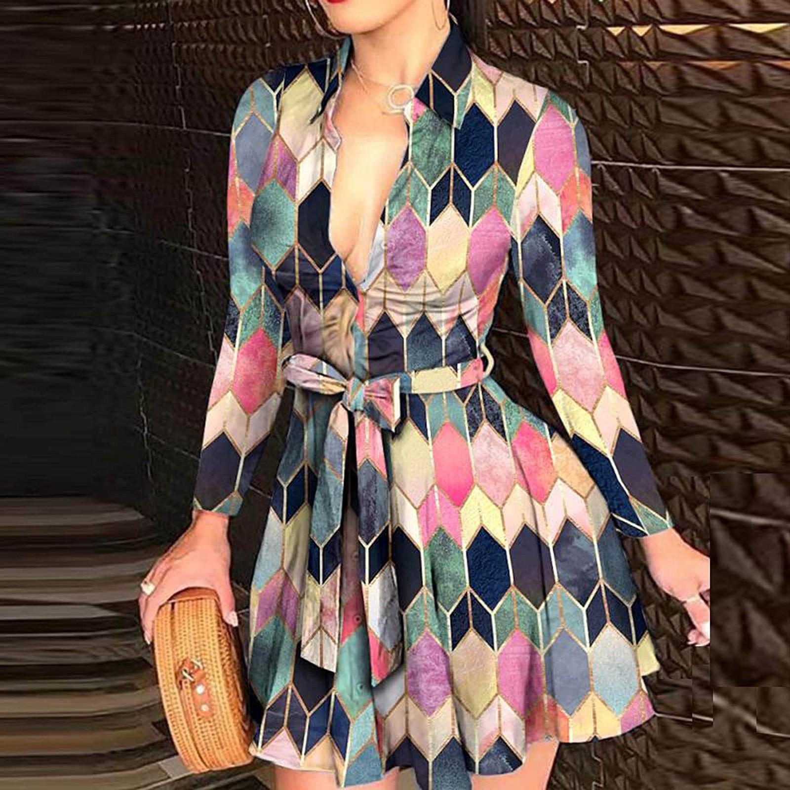 

Женское платье с глубоким V-образным вырезом, на пуговицах, с длинными рукавами, с принтом и оборками XL розовый