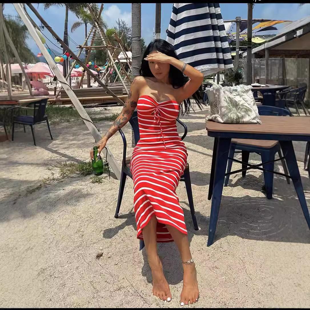 European and American Internet celebrities striped dress summer INS new striped chest hollow hip pencil dress S