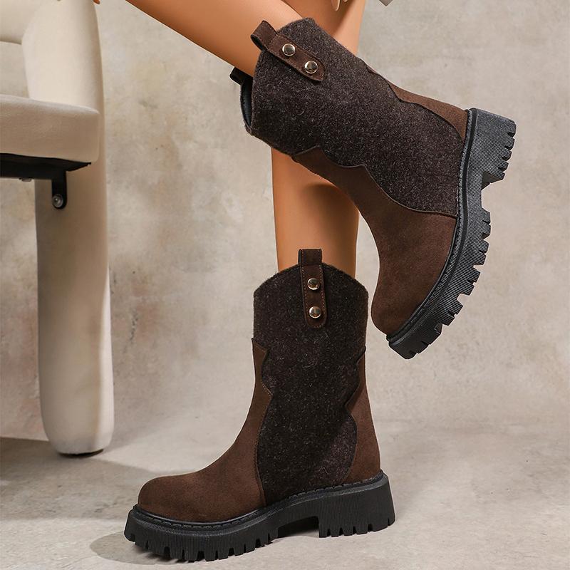 Fashion Fashion Chunky Platform Mid Calf Boots for Women Pleated Design PU Leather Western Boots Woman Autumn Winter Botas De Mujer 2025