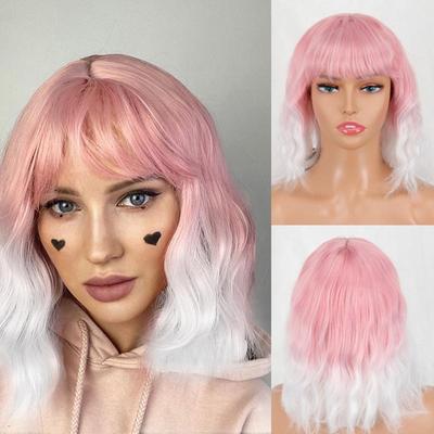 Short Wave Bob Pink White Gradient Wig with Bangs Synthetic Fiber Short Wavy Daily Wear Cosplay Wig for Women