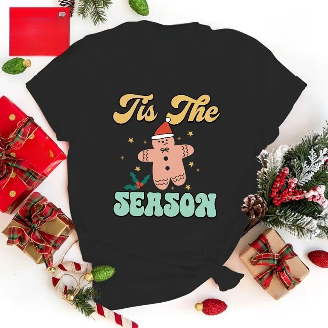 Christmas gingerbread print holiday party Womens short sleeved round neck casual Tshirt fashionable Womens Tshirt S