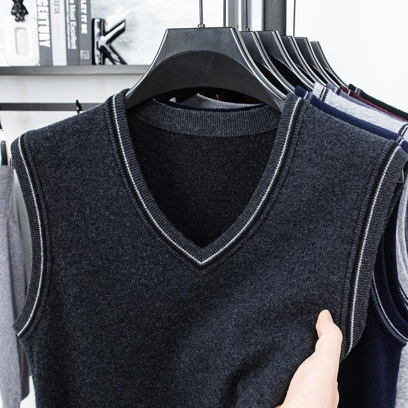 Men's V-Neck Wool Knit Vest - Autumn/Winter Solid Color, Middle-Aged & Elderly Style