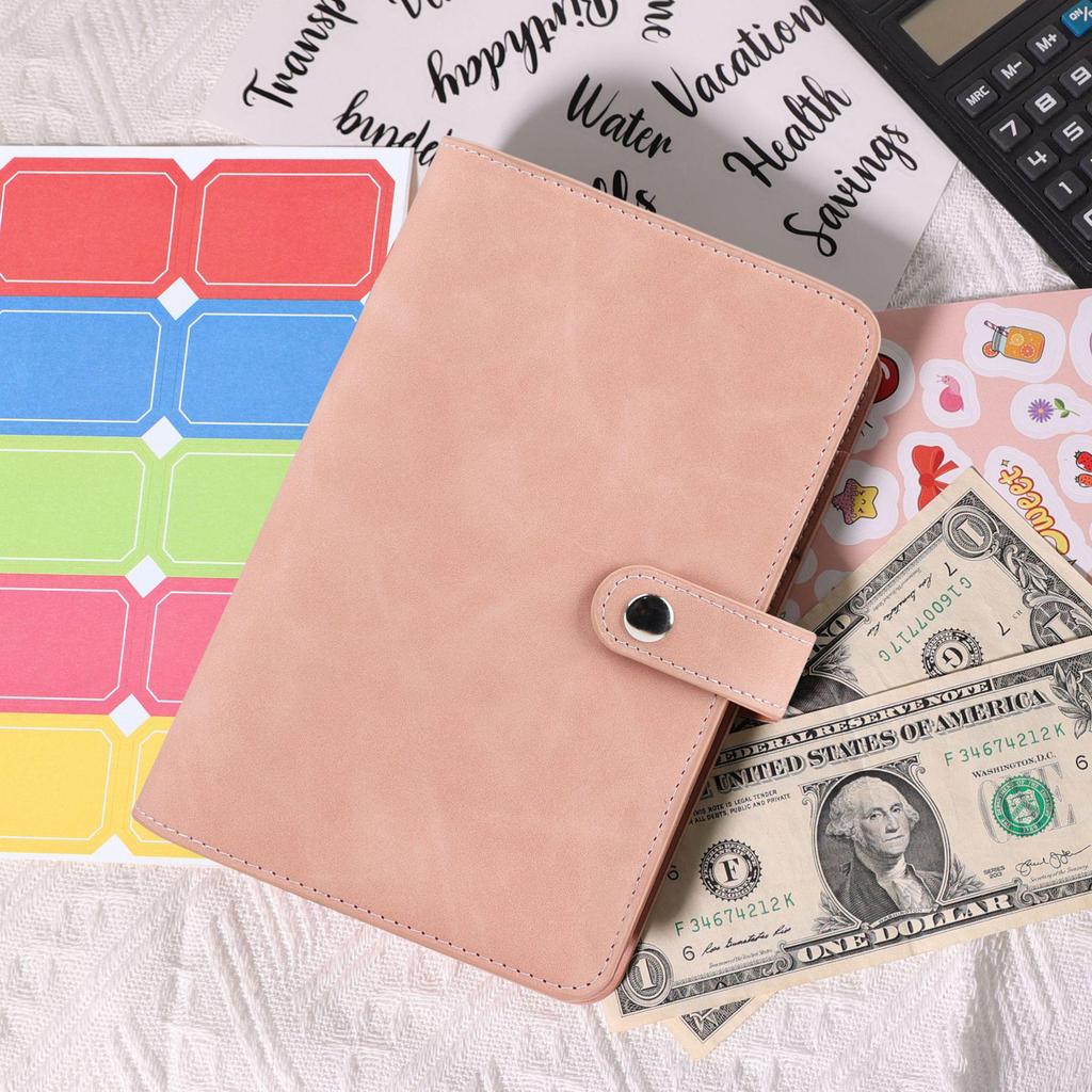A6 Macaroon Leather Notebook Binder with 12 Refillable Zippered Pockets for Bills and Coins