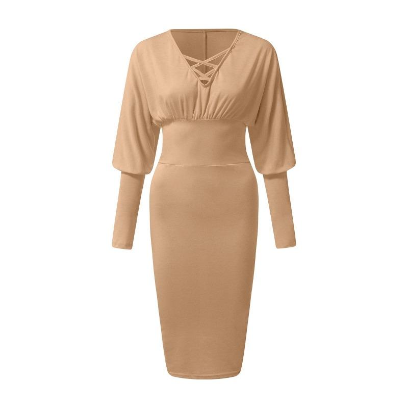 Kvinner Sexy dyp V-hals snøring Plissert hofteskjørt Langermet stram kjole