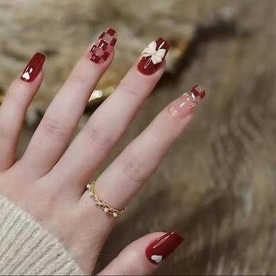 24 szt. Noszone trumny fałszywe końcówki paznokci czerwone krótkie baleriny fałszywe paznokcie naciśnij na paznokcie sztuka manicure wystrój