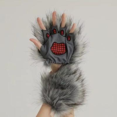 1 Pair Grey Wolf Gloves Soft Material Halloween Costume Gloves Hairy Texture Costume Mitten