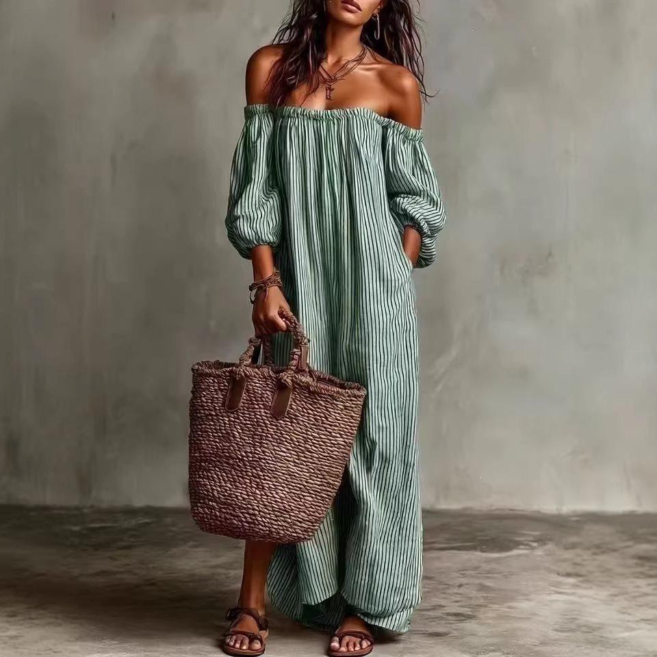 2026 European and American Independent Station Spring and Summer Women's Striped Shoulder Long Dress