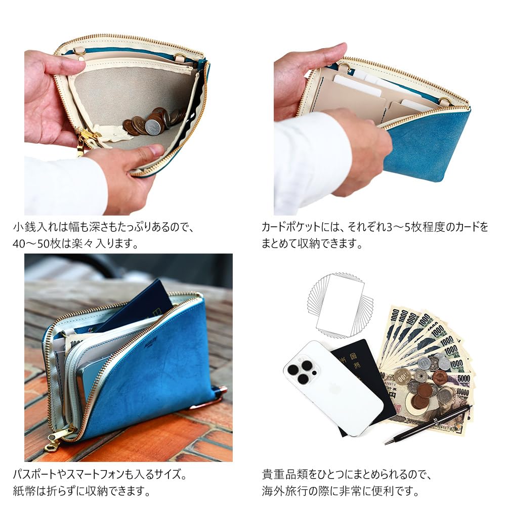 AGILITY affa Long Wallet with Travel Leather Wallet with Smartphone Pouch and Passport Turquoise Blue "Voyage" L-Shaped Zipper, Case,