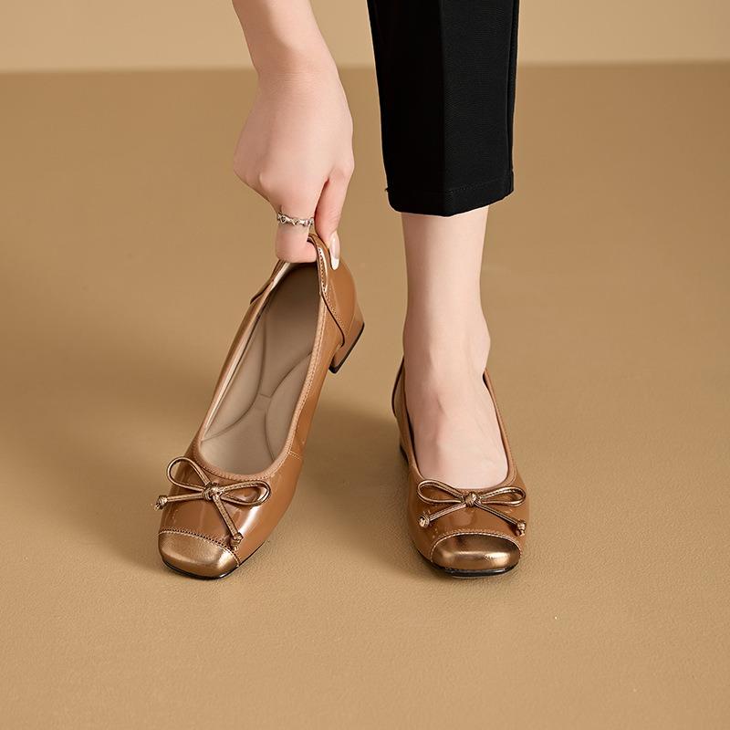 Fashion heels women's bow color matching leather small leather shoes women's one-pedal casual Mary Jane women's shoes