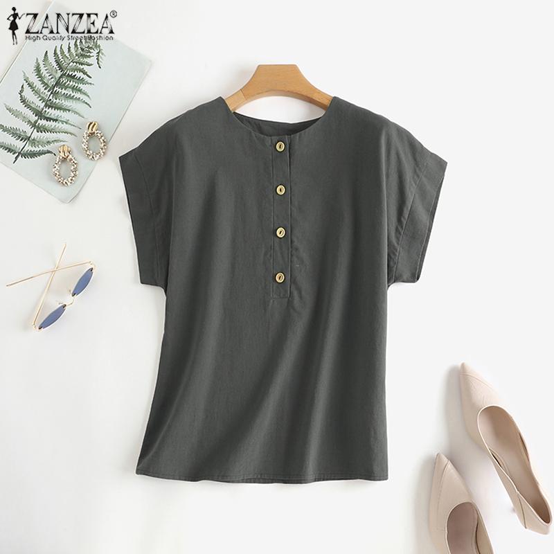 

ZANZEA Хлопковые повседневные женские хлопковые топы с круглым вырезом и короткими рукавами