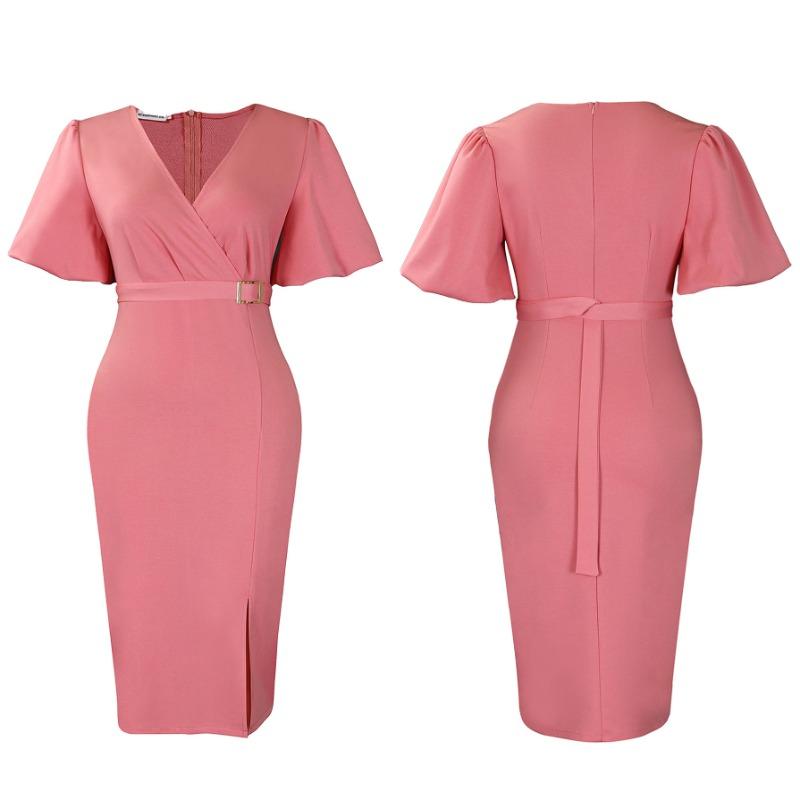 Women Fashion V Neck Puff Sleeve Solid High Waist Slit Bodycon Midi Dress