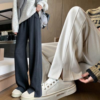 Fleece Herringbone Straight Leg Slacks with A Thick Drop