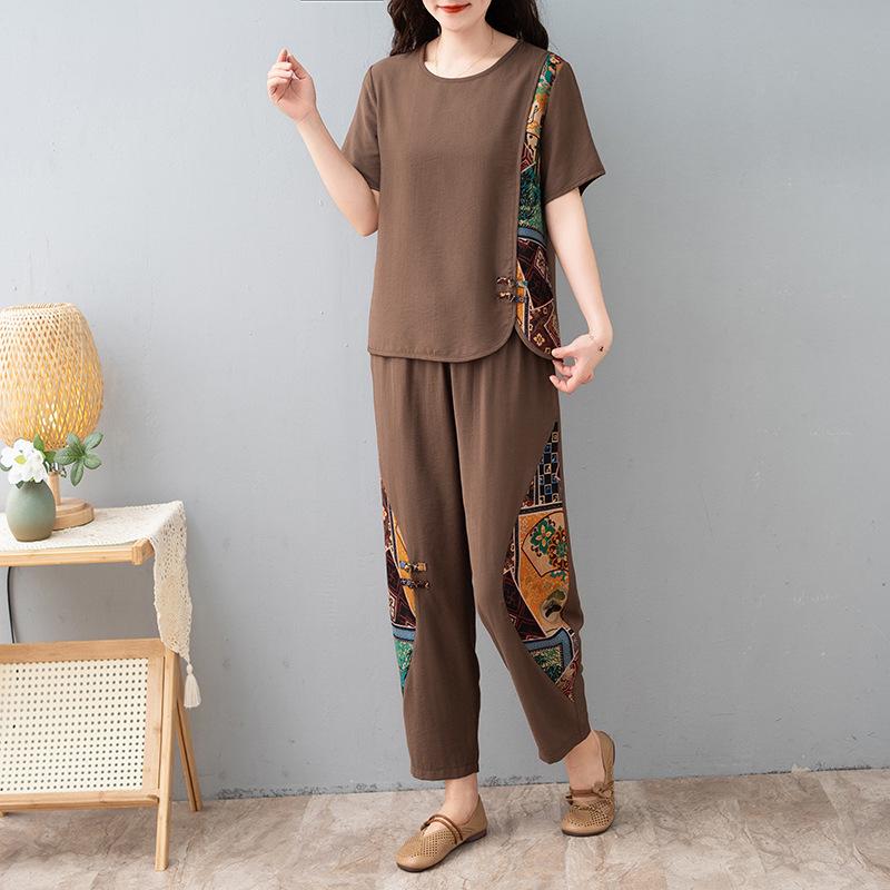 

Plus Size Summer Cotton-Linen Suit: Loose Two-Piece Set for Middle-Aged and Elderly Women, Printed Short-Sleeve Top 2XL [95-115 lbs]
