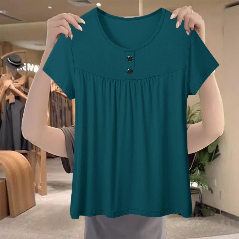 This Summer's New Versatile Foreign-style Button Design Pullover Short-sleeved Top Large-size Women's Loose Clothing