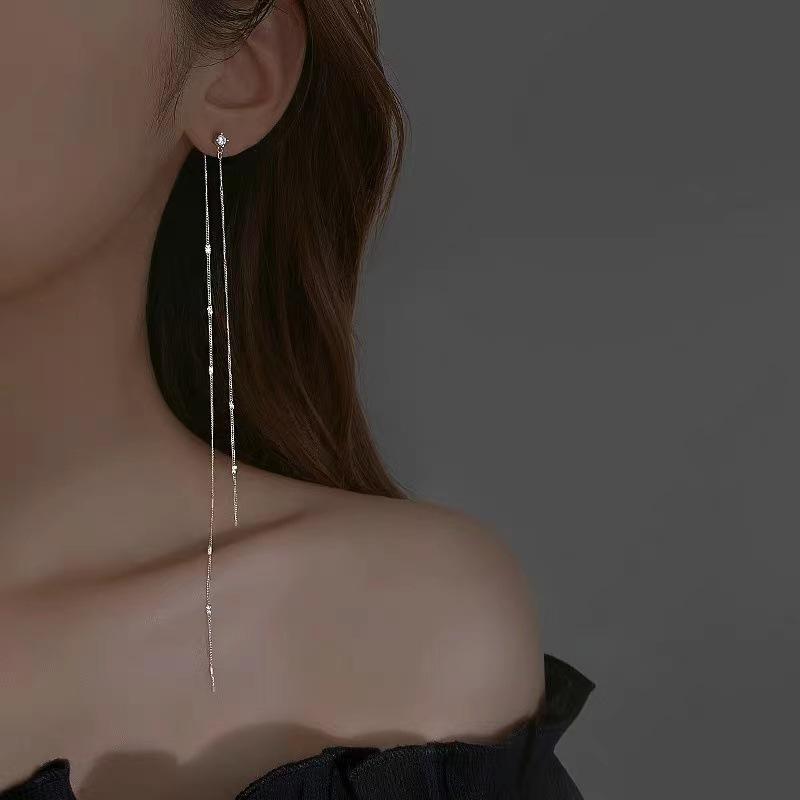 Extra Long Sparkling Diamond Chain Tassel Earrings Luxury Minimalist Fashion Studs for Women
