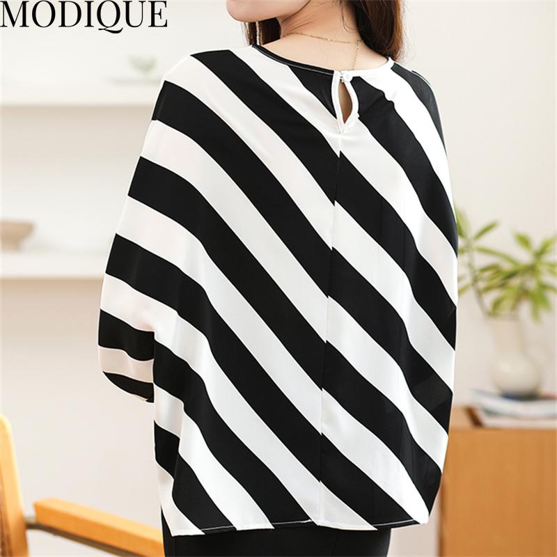 MODIQUE Printemps Été Grande Taille Femmes Casual Lâche Élégant Coton Soie Rayure Imprimé Chemisier T-Shirts Dame Mode Oversize O-cou À Manches Longues Pull