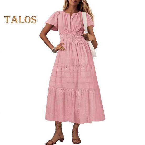 Damska letnia sukienka maxi, swobodna, dekolt w serek, krótki rękaw, warstwowa, luźna sukienka, marszczona talia, plisowana długa sukienka