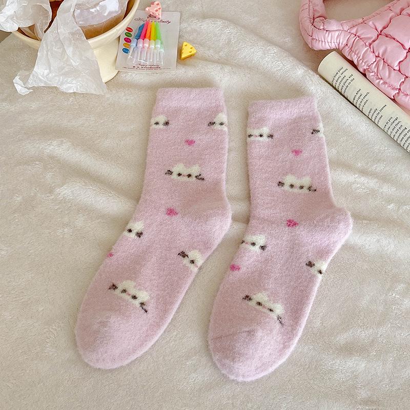 

Женские зимние носки до середины икры из австралийской шерсти с милой вышивкой животных - молочно-белые, розовые One Size